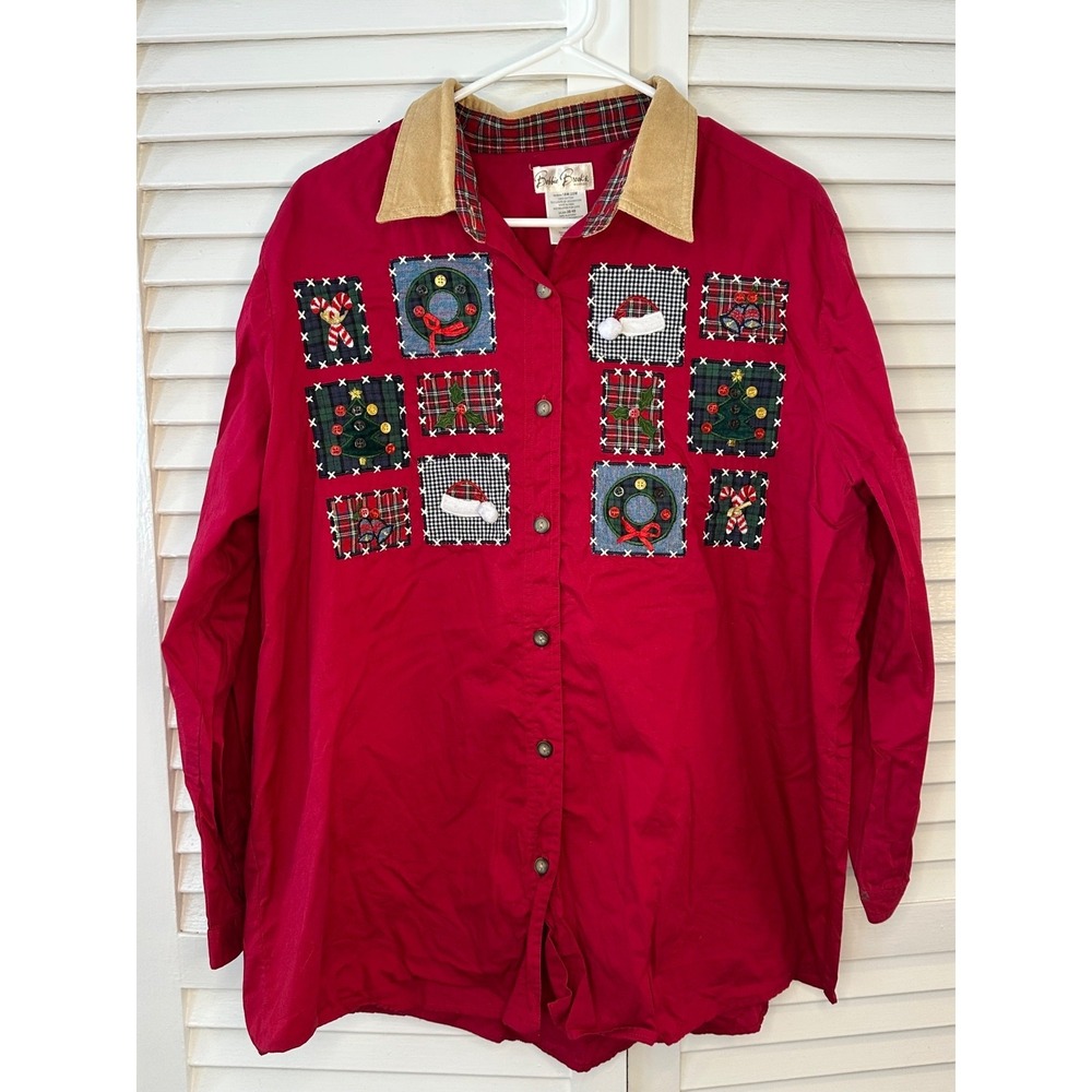 Bobbie Brooks Plus Size 18/20 Red Embellished Applique Christmas Button Up Shirt